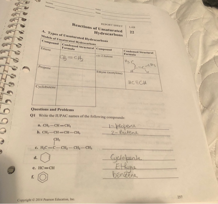 Reactions of unsaturated hydrocarbons lab 22